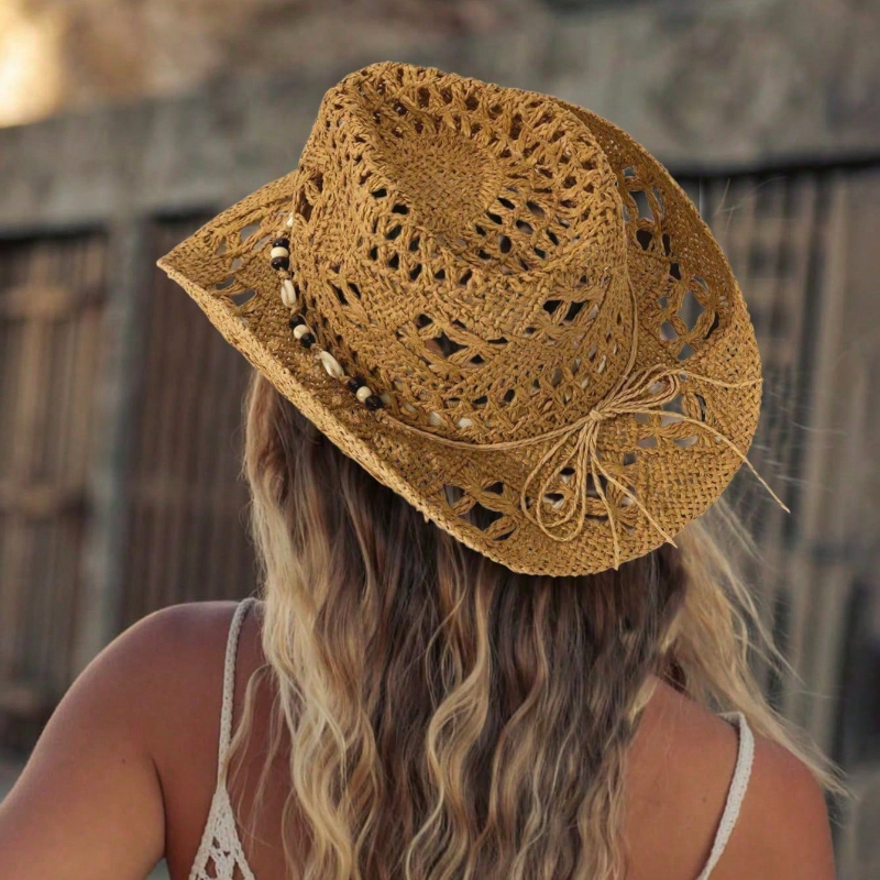 1pc Boho Shell Hollow Out Stra - Cowboy Hat Straw 评论和价格
